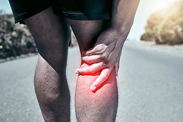 Image showing Athlete, pain and joint with closeup in the outdoor with exercise for sports injury from a workout.Training, road and knee injury with accident for fitness and medical emergency with leg for health.