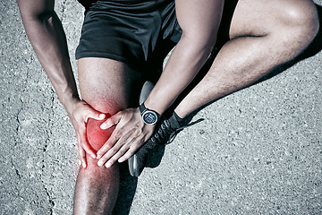 Image showing Road, athlete and knee injury in closeup from exercise with emergency from workout with massage. Sportsman, outdoor and joint with pain from accident with training and physical therapy for muscle.