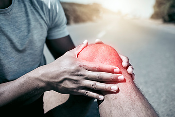 Image showing Knee injury, road and hurt man in closeup after exercise with training emergency with inflammation. Athlete, outdoor and joint pain with accident from workout, fitness, cardio and muscle discomfort.