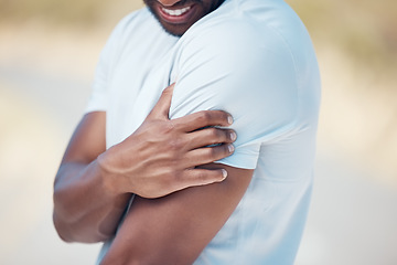 Image showing Arm injury, athlete and fitness accident from training, exercise and workout outdoor. Hand, man and male person holding arms from muscle inflammation, tension and sport shoulder problem with pain