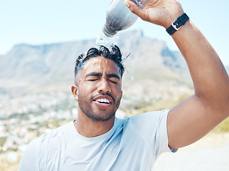 Image showing Pour water, fitness and face of man in nature for exercise, marathon training and running. Sports, mountain and male person refresh with liquid for wellness, cardio workout and hydration to cool down