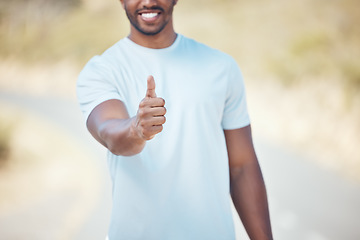 Image showing Man, fitness and hand with thumbs up in nature for exercise, cardio workout or running outdoors. Happy male person, athlete or runner with thumb emoji, yes sign or like for healthy wellness outside