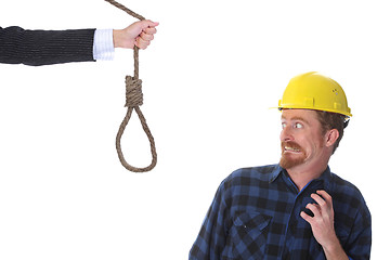 Image showing confused construction worker looking at gallows