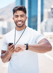 Image showing Fitness, smart watch and portrait of man in city for time for running, exercise and heart rate workout. Wellness, sports and male person check wristband for marathon training, monitor and performance