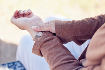 Image showing Heart rate, pulse and hand of woman in outdoors for blood pressure, healthcare and diagnosis. Monitor, results and tracking with closeup of female person wrist for progress, medical and check