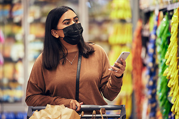 Image showing Woman, phone and grocery checklist in shopping for food, luxury or product with face mask at supermarket. Female person or customer with mobile smartphone app for ingredient or groceries at store