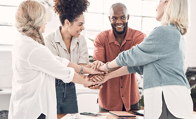 Image showing Teamwork, hand huddle and happy business people with strategy, support and collaboration at start up. Office team, coworking and trust, hands together with smile, employees working with cooperation.