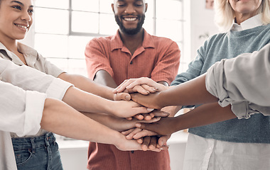 Image showing Teamwork, hand stack and happy business people together with strategy, support and collaboration at start up. Coworking team, hands in huddle and employees working with cooperation in modern office.