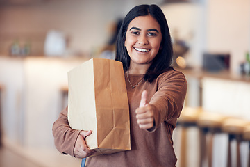 Image showing Paper bag, woman shopping and thumbs up portrait with happiness and motivation from shop deal. Winner, young female person and emoji hand gesture at home with grocery bags and retail purchase success