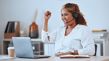 Image showing Winner, call center and excited with business woman in office for success, deal and customer service. News, consulting and achievement with advisory and laptop for help desk, celebration and profit