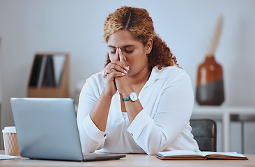 Image showing Stress, error and woman laptop fail, headache and sad in a company office desk working in a business. Frustrated, burnout and young entrepreneur thinking of a risk or problem, tired and mistake