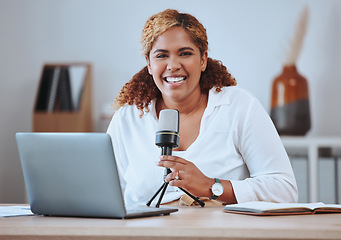 Image showing Microphone, laptop and podcast with portrait of woman for news broadcast, presenter and social media. Radio, blog and communication with influencer in office for audio technology and live streaming