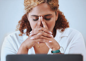 Image showing Headache, stress and woman on laptop with crisis, problem and issue or error, glitch and mistake. Anxiety, frustrated and worried female worker on computer with internet, network and connection fail