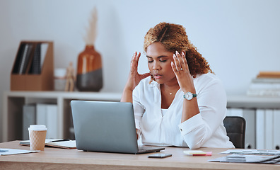 Image showing Stress, headache and woman with laptop glitch, angry and sad in a company or startup office desk working. Frustrated, burnout and young entrepreneur thinking of a risk or problem, tired and mistake