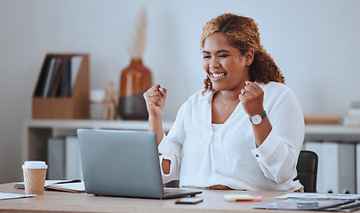 Image showing Success, laptop and happy with business woman in office for winner, news and email. Celebration, technology and achievement with female employee and fist pump for promotion, surprise and discount