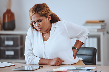 Image showing Back pain, stress and business woman in office for tired, frustrated and fatigue. Emergency, injury and inflammation with female employee and body ache for overworked, exhausted and tension