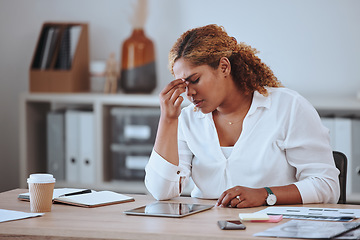 Image showing Headache, stress and woman at desk with crisis, problem and issue or mistake for deadline. Anxiety, frustrated and worried female worker on digital tech with internet, network and connection fail