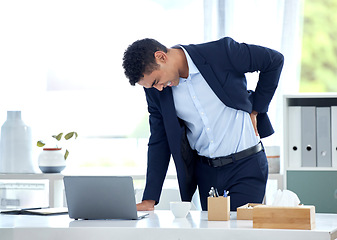 Image showing Business, stress and man with back pain, health issue and consultant with muscle tension, strain and discomfort. Male person, employee and agent with posture problems, medical injury and overworked