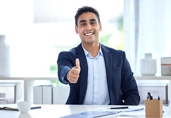 Image showing Portrait, thumbs up and business man smile in office for support, trust and success. Face, like hand gesture and person with emoji for excellence, review or agreement, welcome and thank you for vote.