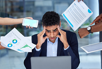 Image showing Debt, paperwork and businessman with work pressure due to tax or fail startup in an office and scared in a company. Anxious, headache and frustrated employee with a stress and tired due to a crisis