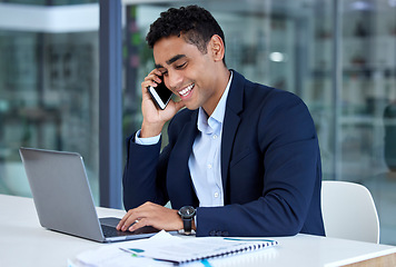 Image showing Business, phone call and man with a laptop, professional and confidence with connection, communication and technology. Male person, employee and consultant with a smartphone, typing and conversation
