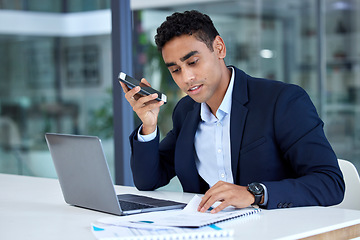 Image showing Businessman, phone call and speaker with laptop and document for accounting or financial advisor at office. Man accountant or business lawyer talking on smartphone with finance paperwork at workplace