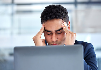 Image showing Business, stress and man with a headache, laptop and consultant overworked, deadline and frustrated. Male person, employee and agent with a migraine, pc and technology with burnout and health issue