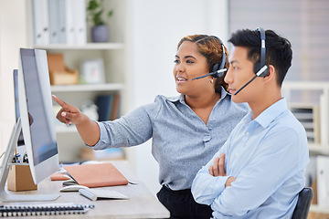 Image showing Telemarketing, business woman mentor and contact us talk in a office with paperwork at desk. Call center, African female employee and consulting of a worker with web support and agent advice notes