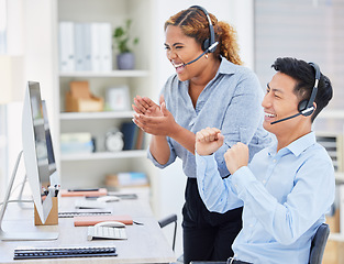 Image showing Telemarketing, business people and success cheer of staff with good news and promotion email. Motivation, contact us and call center employee with applause and winner group in office with support