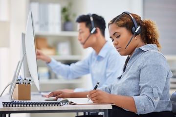 Image showing Telemarketing, business woman document and contact us writing in a office with paperwork at desk. Call center, African female employee and consulting of a worker with web support and agent notes