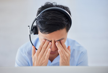 Image showing Business man, telemarketing and headache with eye strain from computer 404 and consulting fail. Call center, contact us and male worker feeling tired from work deadline and consultation problem