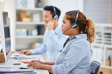 Image showing Telemarketing, business woman and contact us computer in a office with typing at desk. Call center, African female employee and consulting focus of a worker with web support and agent advice notes