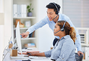 Image showing Call center, training and manager with woman on computer for help, advice and assistance. Telemarketing, customer support and female intern with Asian man boss for contact, crm service and consulting