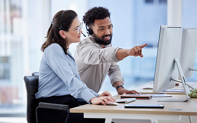 Image showing Telemarketing, manager help an agent and call center with advice, conversation and corporate training. Man, woman or staff in a workplace, computer, tech support or customer service with in an office