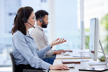 Image showing Angry, woman and call center computer glitch, 404 or internet problem and confused employee in agency office. Error, frustrated and agent or consultant with stress talking on a video call online