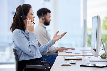 Image showing Angry, call center and woman with customer service problem and confused by client at an agency office. Glitch, frustrated and agent or consultant with stress talking on a video call online