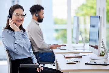 Image showing Happy woman, call center and portrait smile in customer service, support or telemarketing at the office. Friendly female person consultant, agent or virtual assistant in contact us at the workplace