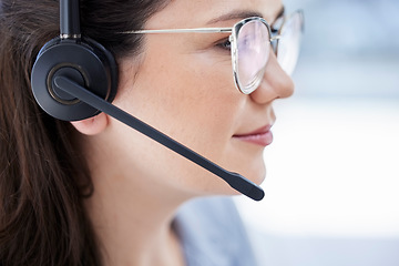 Image showing Call center, headphones and woman, agent or consultant in customer service, client solution or e commerce support. Callcenter, agency and happy person consulting, virtual communication or helping