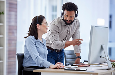 Image showing Call center, manager and woman with telemarketing, help and advice with conversation, explain system and computer. Happy man, supervisor and agent in a workplace, customer service and tech support