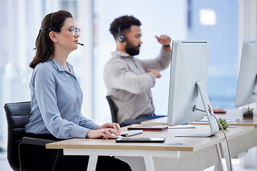 Image showing Call center, customer support and woman on computer in office for hotline, advice and online help. Coworking, telemarketing and female worker with headset for contact, crm support and consulting