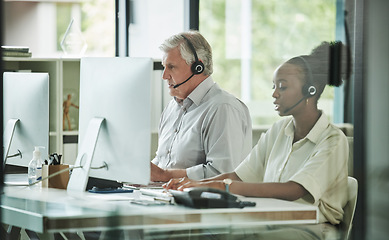 Image showing Business people, call center and phone consultation of staff with web support and customer service. Telemarketing, office and diversity of workforce with online contact us help and conversation