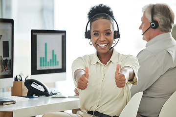 Image showing Call center, thumbs up and portrait of black woman in office for thank you, success and happy. Communication, customer support and female worker with hand sign for contact, crm service and consulting