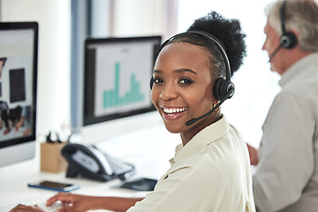 Image showing Black woman, call center and portrait with consultation and smile in a office with contact us work. Telemarketing, consulting job and African female employee with computer and customer service