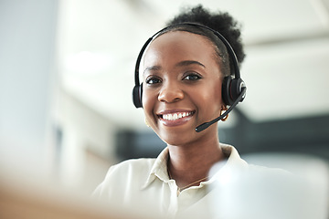 Image showing Black woman, call center portrait and phone consultation with a smile in a office with work. Telemarketing, consulting job and African female employee at a contact us and customer service company