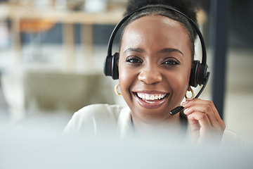 Image showing Black woman face, call center and phone consultation with a smile in a office with contact us work. Telemarketing, job portrait and African female employee with communication and customer service