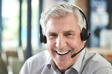 Image showing Call center, customer support and portrait of happy old man for help, advice and telemarketing. Communication, manager and elderly male worker with headset for contact, crm service and consulting