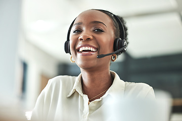 Image showing Black woman, call center and laugh portrait with a smile in a office with contact us work. Telemarketing, consulting job and African female employee with consultation and customer service at company