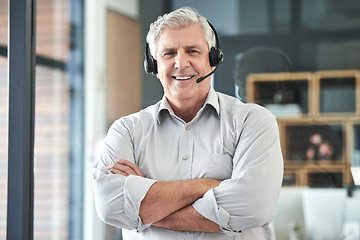 Image showing Call center, customer service and portrait of old man with crossed arms for helpdesk, agency and telemarketing. Communication, manager and elderly male worker for contact, crm support and consulting