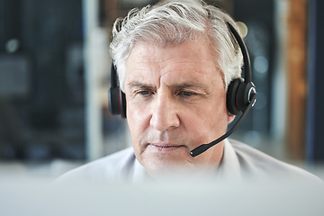 Image showing Senior focus, contact us and call center help of a professional for telemarketing job. Mature, web support and online consultation of male person at desk for business sales and customer service.