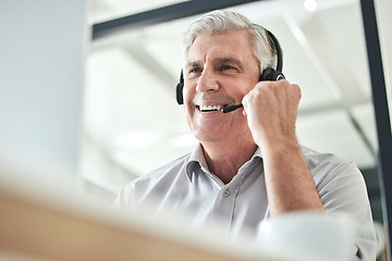 Image showing Senior laugh, contact us and call center writing of a professional at a computer for telemarketing job. Consultant, web support and consultation of male person consulting for customer service.